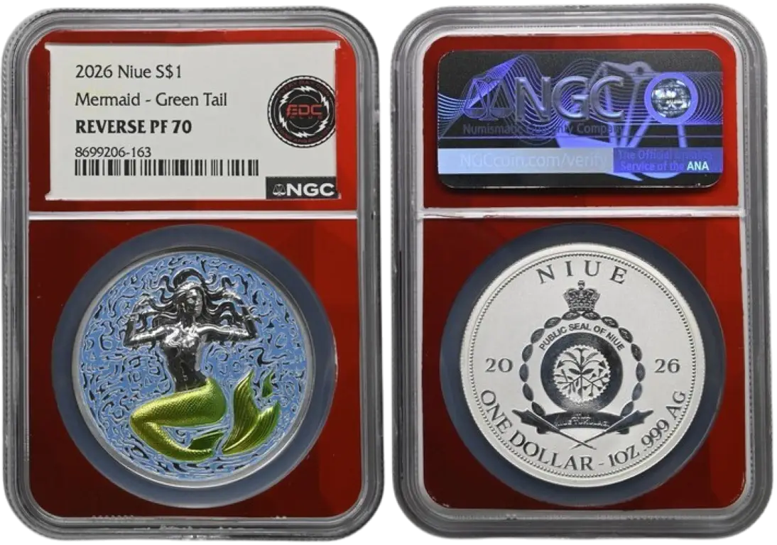 2026 Niue $1 Silver 1 OZ Mermaid Green Tail Reverse PF 70
